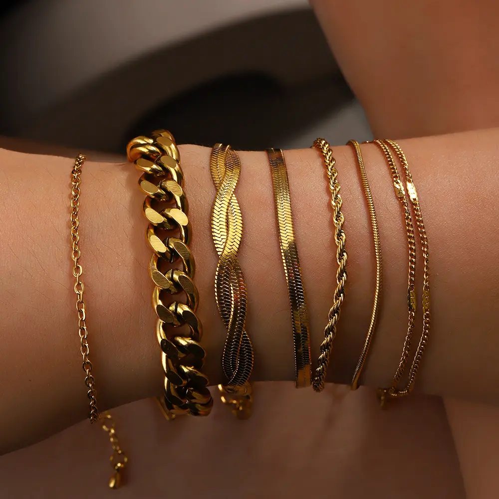 Goldplattierung Mode kubanisch Schlange Figaro Seil geflochtene Edelstahlkette Armband Schmuck-Set für Herren und Damen