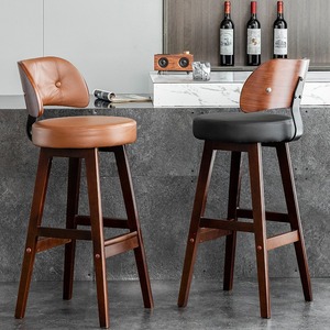 Chaise <span class=keywords><strong>de</strong></span> <span class=keywords><strong>bar</strong></span> sans accoudoirs en <span class=keywords><strong>bois</strong></span> massif, style rétro, luxe léger, cuir véritable, dossier haut, style européen, durable - Product Image 1