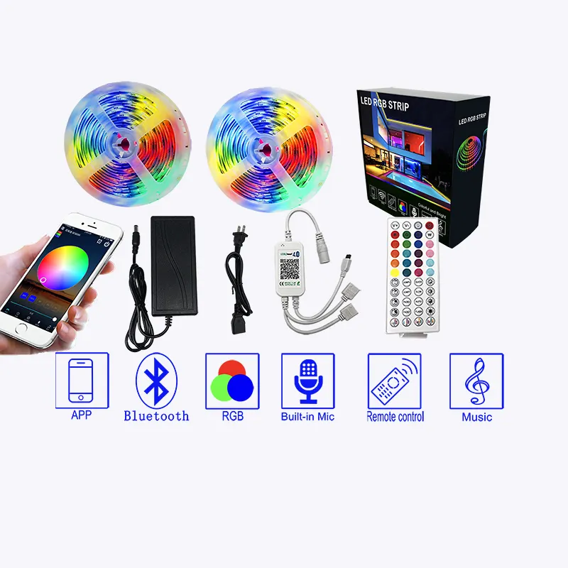 Buletooh-جهاز لاسلكي ذكي ، متعدد الألوان, مقاوم للماء ، متعدد الألوان ، 5050 RGB ، مزامنة للموسيقى ، مع جهاز تحكم عن بعد ومحول الطاقة ، شريط إضاءة LED
