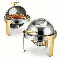 Chauffe-Plat Rond Allnice à Couvercle Rabattable en Acier Inoxydable avec Pieds Dorés et Fenêtre en Verre pour Buffets et Traiteurs Hôteliers