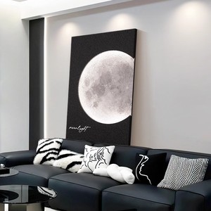 Mural de Pared con Tema Lunar en Blanco y Negro, Pintura Realista Rectangular, Marco de Madera Sólida, Azulejos de Porcelana, Decoración Colgante de una Sola Pieza - Product Image 1