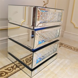 Guanding Modern Luxury <strong>Floating</strong> Crystal Mirrored MDF <strong>Nightstand</strong> with Three Drawers for Home Bedroom Living Room - Product Image 3