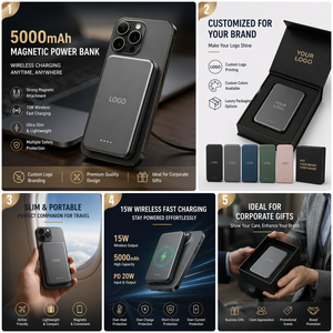 พาวเวอร์แบงค์แบบพกพาขนาดเล็ก 5000mAh รองรับโลโก้ เหมาะสำหรับการเดินทาง ชาร์จเร็วแบบไร้สาย 15W Type C พร้อมแม่เหล็ก - Product Image 2