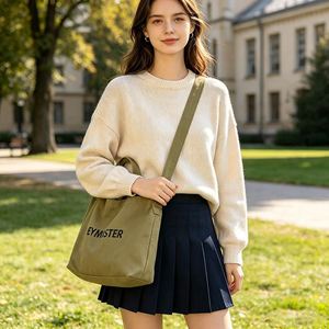 Oversized Canvas Crossbody Messenger Tote <b>Bag</b> for <b>College</b> Girls with Eco-Friendly Reusable Design and Custom Logo Printing - Product Image 3
