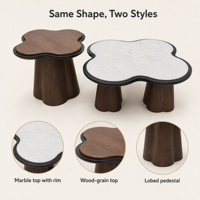 Ensemble table basse et table d'appoint Cloverleaf en noyer et marbre blanc avec cadre noir et pieds sur piédestal pour salon, salle de séjour, hôtel