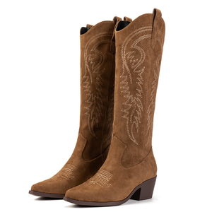 Botas Femininas Western de Salto Grosso com Bico Fino e Cabedal em Camurça Bordada, Atacado Direto da Fábrica OEM - Product Image 1