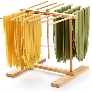 Bamboo Pasta Drying Rack with Transfer Wand and 12 Bars Manual Pasta Makers for Drying Pasta and Cooking