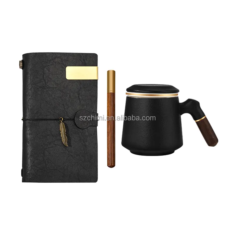Tea mug ceramic A6 notebook wood pen business gift customized men gift box set 2022