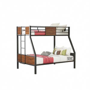 Cama Literas Doble sobre Matrimonial de Estilo Moderno en Color Marrón con Estructura de Acero y Barandilla de Seguridad, Escalera Integrada, para Dormitorios de Niños, Niñas y Adultos - Product Image 1