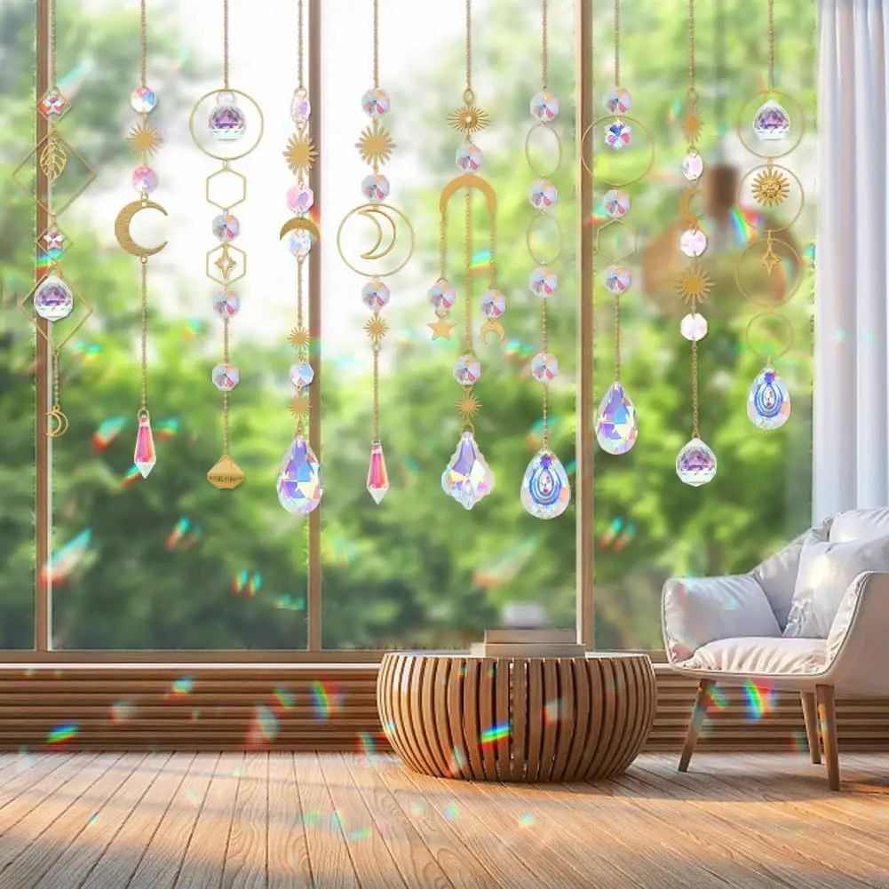 Vente en gros de carillon éolien en cristal doré suspendu, attrape-soleil en agate colorée naturelle, décor de jardin extérieur pour fenêtre