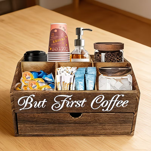 Accessoires de bar en bois à 2 niveaux avec tiroir, station à <span class=keywords><strong>thé</strong></span> et condiments style farmhouse, conteneur en bois pour le stockage des grains de café - Product Image 6
