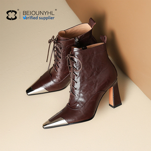 Mùa Đông Đỉnh Cao Của Phụ Nữ Cao Gót Da Chính Hãng Mắt Cá Chân Khởi Động Thoáng Khí Màu Nâu Booties Với Zip Đóng Cửa Cao Top Nhựa Đế Ngoài - Product Image 6