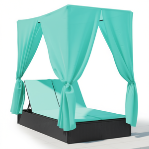 Lettino Prendisole Doppio Nero in Polyrattan con Tende, Comodo Arredo da Esterno - Product Image 1