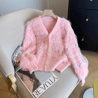 Cardigan tricoté décontracté pour femme, col en V, style vintage, en fausse fourrure de vison, manches longues, coupe ample, avec volants, écoresponsable, pour la maternité