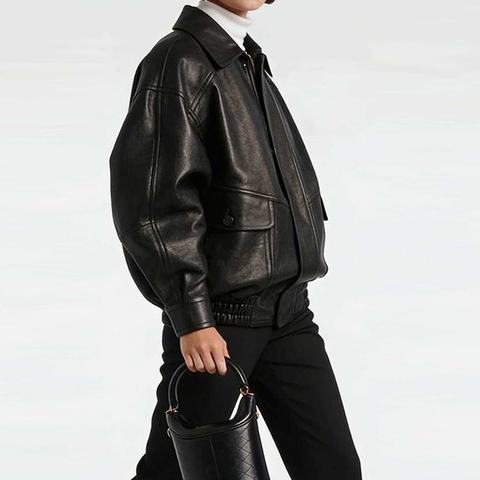 HN000001 Spliced Detail European Style Women's Loose Spliced Zip-Up Casual Coat Lapel Sheepskin Leather Jacket