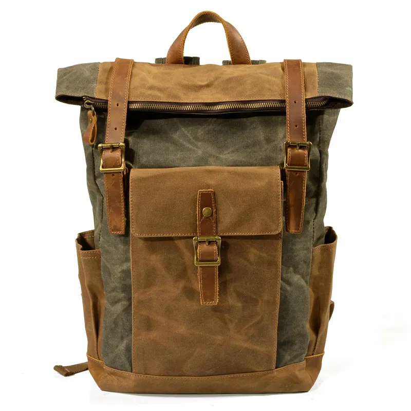 Large Capacity Daily Genuine Leather Vintage Canvas Backpack Bag For Men Army Green Roll Top