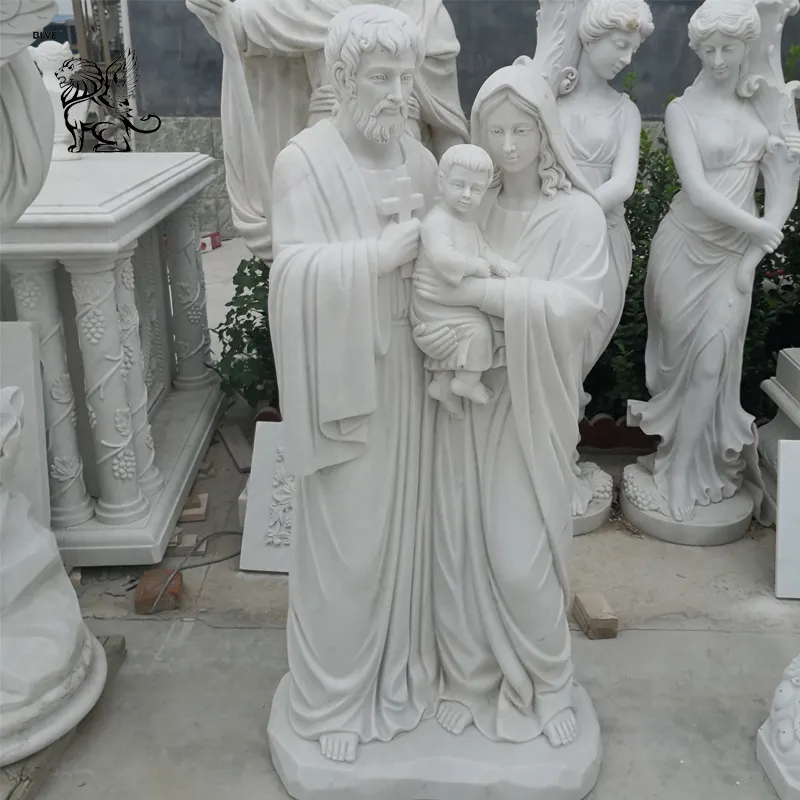 प्रसिद्ध जीवन आकार पश्चिमी सफेद संगमरमर कैथोलिक धार्मिक मूर्तियों पवित्र परिवार पत्थर की मूर्ति