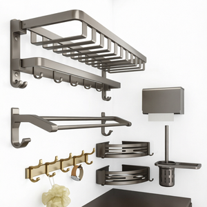 Ensemble d'accessoires de salle de bain modernes à fixation murale en acier inoxydable : porte-serviettes, étagère, crochets, porte-papier toilette pour appartement, hôtel, cuisine - Product Image 1