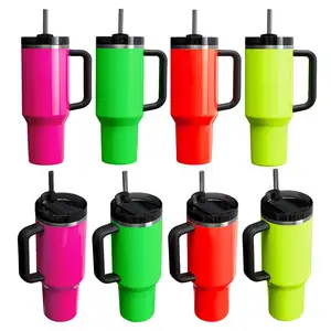 2024 New Spring release Neon color 40 oz stainless steel double wall insulated vacuum iced tumbler car cup with handle and lid