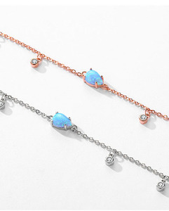 S925 Silver Minimalist Chain <b>Bracelet</b> With Blue Opal Water Drop And Rhodium Plated For Women's Everyday Wear - Product Image 5