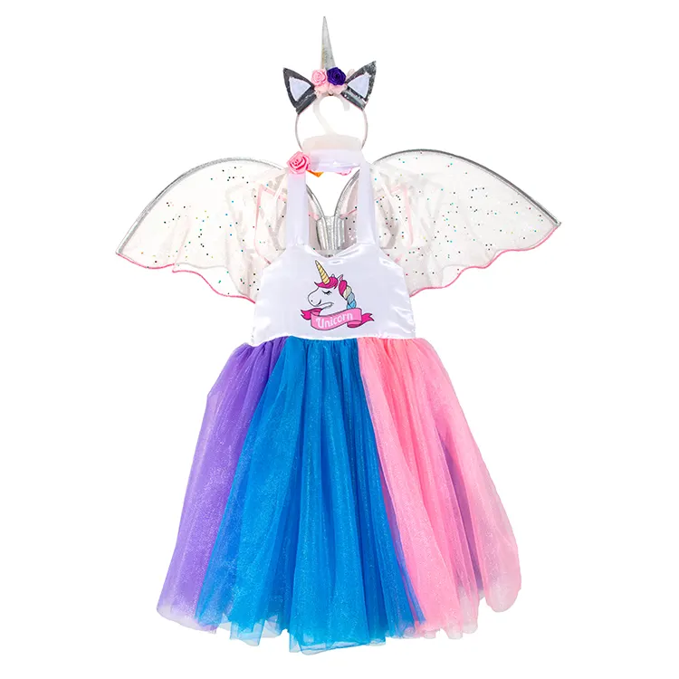Wholesale Summer Princess Dress Up Costume Kids Prom Skirt Girls Unicorn Skirt With Unicorn Headdress And Wing