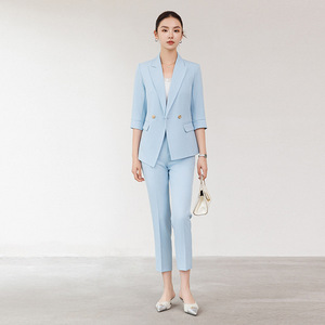 Women's Light Blue Suit <b>Set</b> Three Quarter Sleeve Anti-Wrinkle <b>Office</b> Lady Spring Formal Wear - Product Image 4