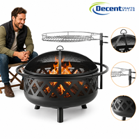 Brasero d'extérieur rond en fer avec grille de cuisson réglable à motif losanges et écran anti-étincelles en maille