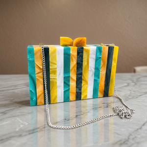 Striped Resin Clutch <b>Bag</b> With Silver Chain Luxury Handmade Evening <b>Purse</b> Unique Style Latest Design New Arrival Gift for Women - Product Image 1