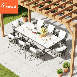 Ensemble de <span class=keywords><strong>table</strong></span> à manger extensible de luxe en <span class=keywords><strong>aluminium</strong></span> avec plateau en HPL et chaises en corde, mobilier contemporain résistant aux intempéries pour villa - Product Image 1