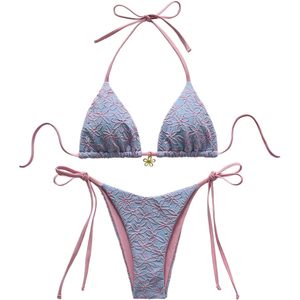 FOXA Women's 2 Piece Halter <b>Bikini</b> <b>Set</b> Floral Textured Tie Side <b>Triangle</b> Swimwear Vacation Outfits - Product Image 1