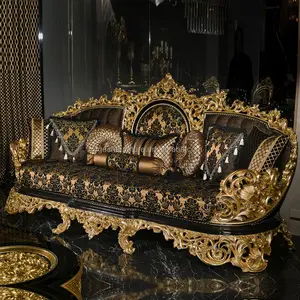 European Luxury Solid Wood Carved Sofa French Villa Gold Foil Fabric Sofa Living Room Court Furniture Wooden Sofa Sets