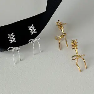 Korean 925 Silver Post Ballet Bandage Bowknot Stud Earrings Women Creative Removable Back Hanging Bow Ribbon Earrings for Girls