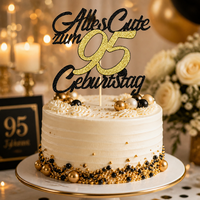 Décoration de gâteau d'anniversaire en carton noir et or scintillant allemand, « Tout le meilleur pour les 95 ans », 16x20cm, fournitures pour fête du 95e anniversaire