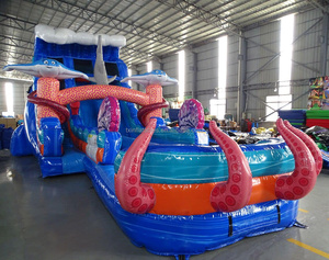 Structure gonflable commerciale en PVC <span class=keywords><strong>de</strong></span> 33 pieds, combo château gonflable et toboggan aquatique tropical marbré avec piscine, pour adultes, en promotion - Product Image 2
