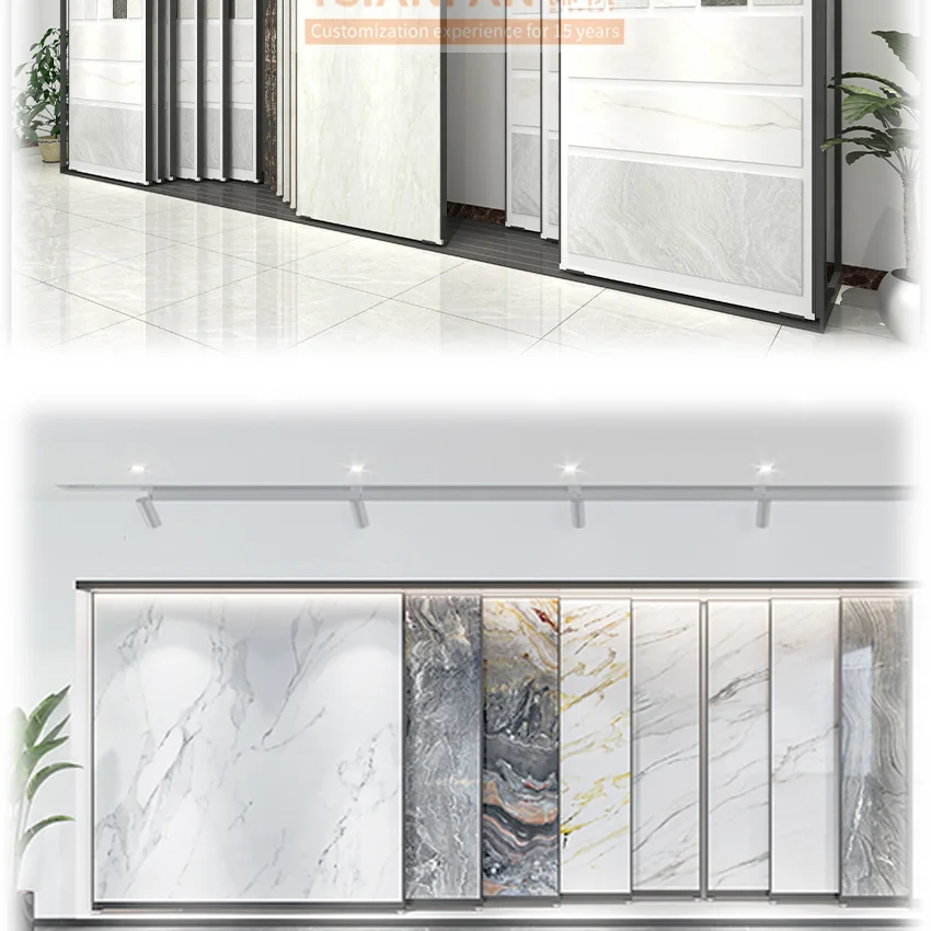 Tsianfan Custom Showroom Sample Slide Slab Horizontal Sliding Tile Metal Floor Stand Sintered Stone Display Rack