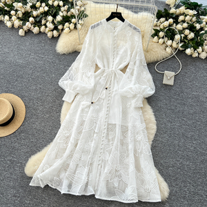 Vestido de lujo para mujer-Vestido Maxi bordado ahuecado con lazo de un solo botón <span class=keywords><strong>Ropa</strong></span> elegante para mujer - Product Image 2