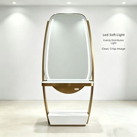 Miroir de salon sur pied avec éclairage LED et comptoir, cadre doré, poste de travail pour coiffeur, salon de beauté, barbier