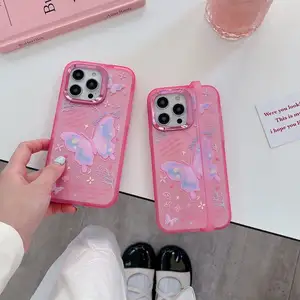 Plating camera frame butterfly pink side bracket tpu phone case for iphone 14 15