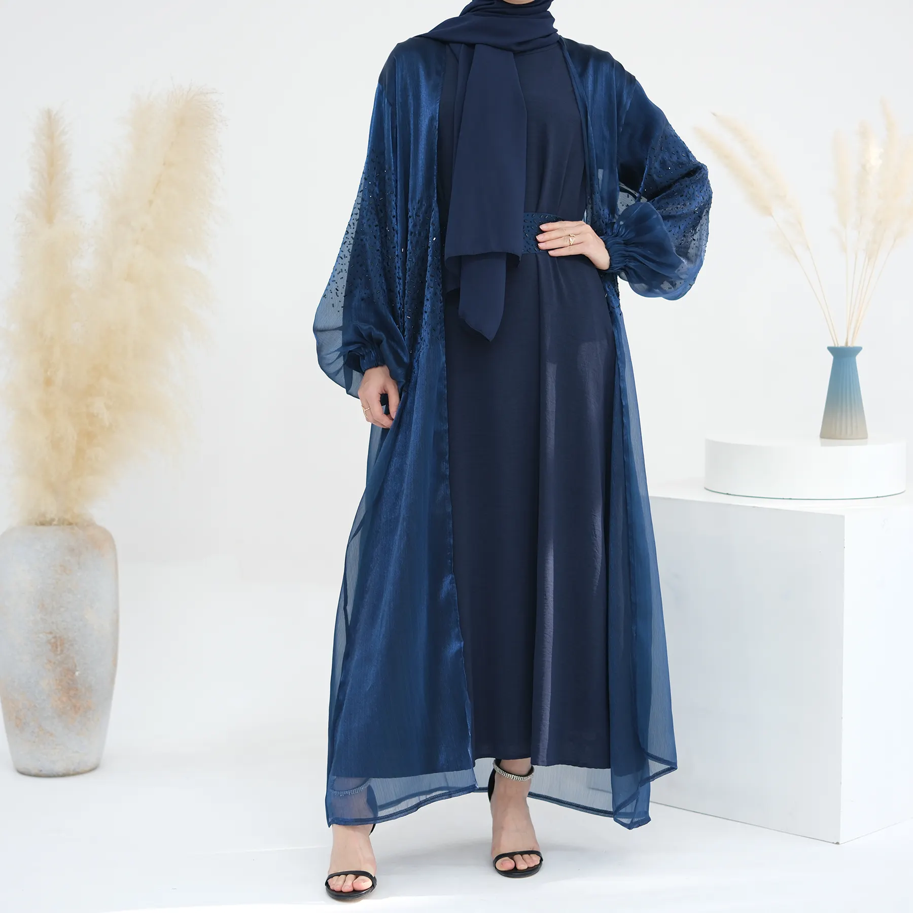 Grosir pakaian Muslim wanita desain batu mewah baru 2 bagian Set Abaya terbuka depan dan selip dalam Abaya gaun Muslim wanita
