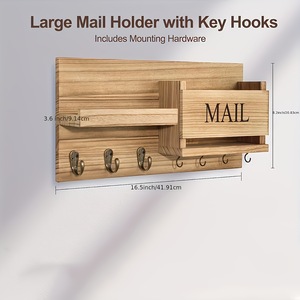 Wooden Wall Mounted Mail Organizer Key Rack With <b>Shelf</b> And <b>Hooks</b> For Entryway Storage - Product Image 4