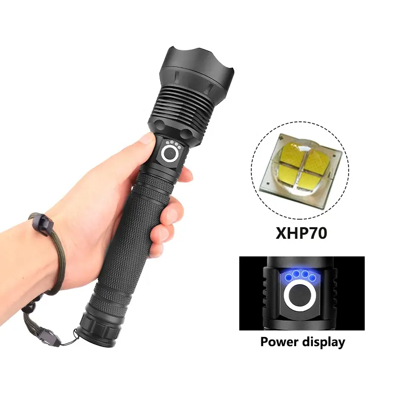 Ultra Brightest Handheld Xhp70 Led Torch Flashlight Zoomable Water-Resistant High Lumens Rechargeable Usb Flashlight