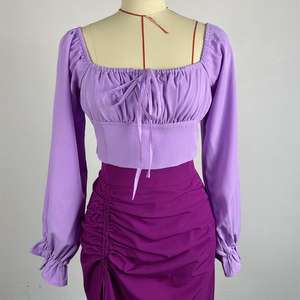 Nuevo Conjunto de 2 Piezas para Mujer: Top Corto con Cuello Cuadrado y Manga Acampanada y Falda Midi con Abertura, a la Moda - Product Image 5