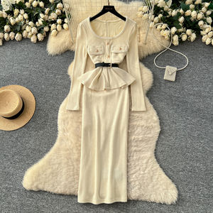 シックなスクエアネックベルトウエスト長袖ニットボディコンドレス女性エレガントなツイードスタイル女性スーツ2ピース - Product Image 2