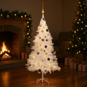 Sapin de Noël artificiel blanc de 47,2 pouces en PVC pré-éclairé avec un ensemble de boules, lumières LED blanc chaud, base sur pied pour intérieur - Product Image 2