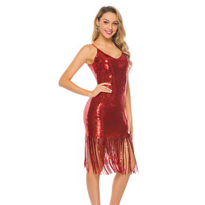 Nuovo Abito da Donna Sexy con Scollo a V Profondo, Paillettes e Frange, Linea ad A, Spalline Sottili, per Feste Estive e Serate - Product Image 3