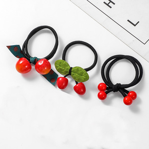 Cherry Hair Tie With Red Cherry <b>Bow</b> And Leaf Design For Ponytail Daily Use Fabric Elastic Hair Rope AL111 - Product Image 1