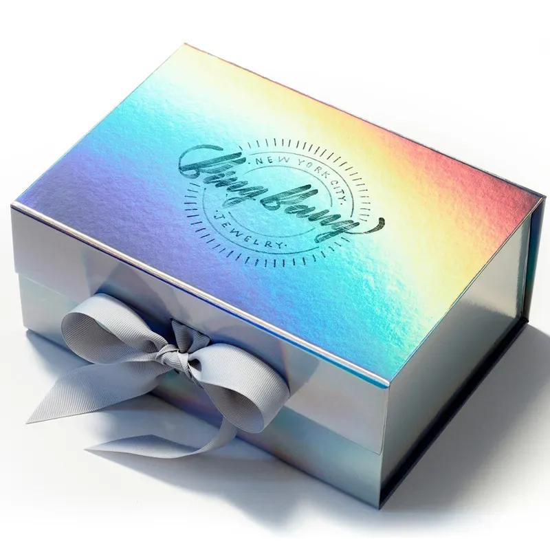 Folha iridescente holográfica Brilhante Caixa Logotipo Personalizado Impresso Arco-íris Laser Cor Corrugado papel prata Mailer Box