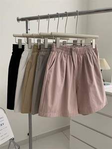 Shorts taille haute en coton lavé pour femmes, 5 couleurs, coupe décontractée, plissés, avec poches - Product Image 1