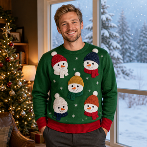 Pull tricoté personnalisé pour homme, motif bonhomme de neige de Noël, cinq visages de bonhomme de neige, motif intarsia flocons de neige en relief, OEM ODM - Product Image 1