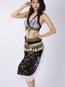 Sexy Tribal Dança do Ventre Traje Set Egípcio Cigano Dança Do Ventre Halter Colheita Top Frisado Borla Rendas Envoltório Saia Quadril Lenço - Product Image 6